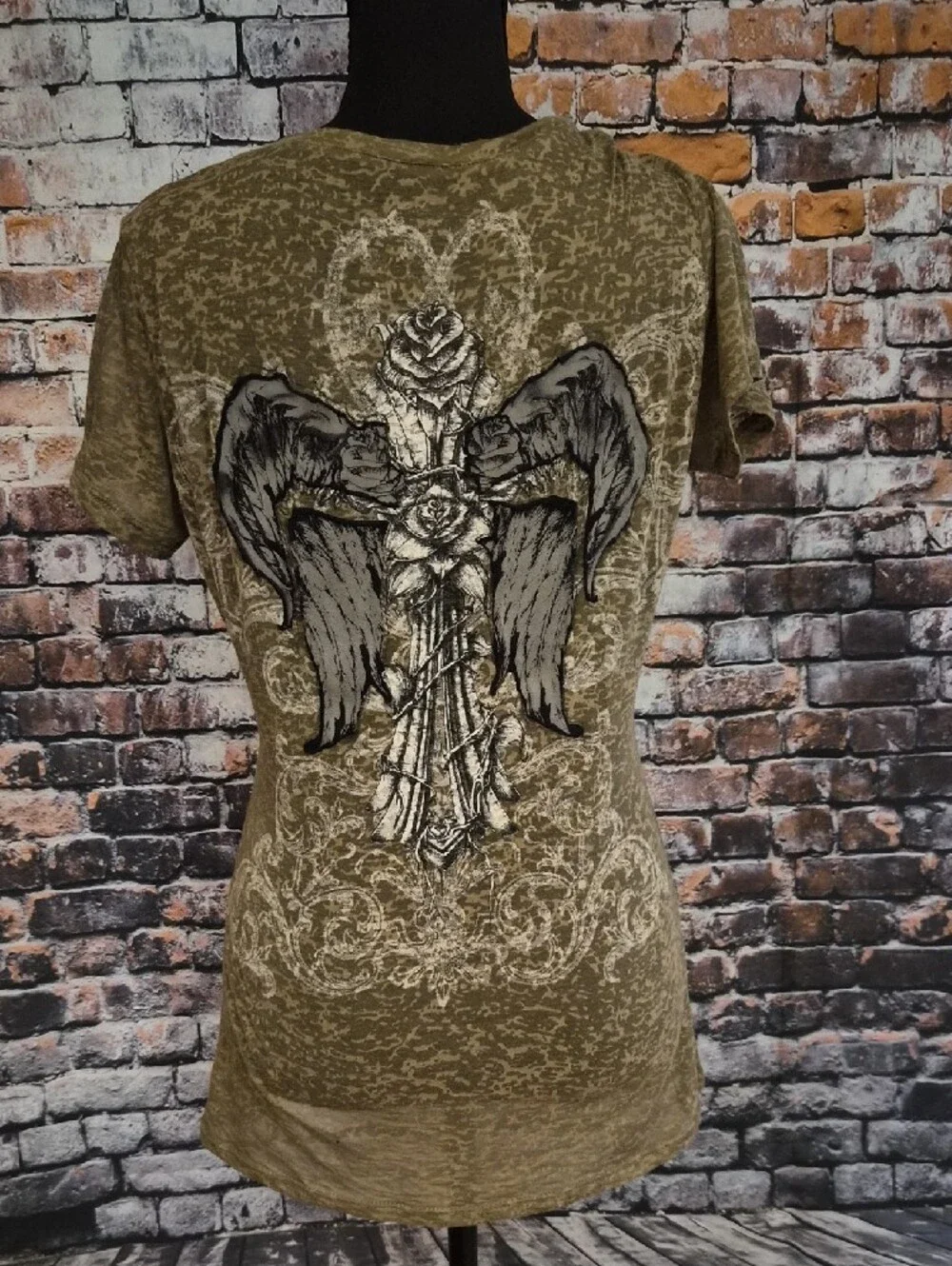 In Vein Women's Olive Short Sleeve V-Neck Tee with Ornate Front Graphic